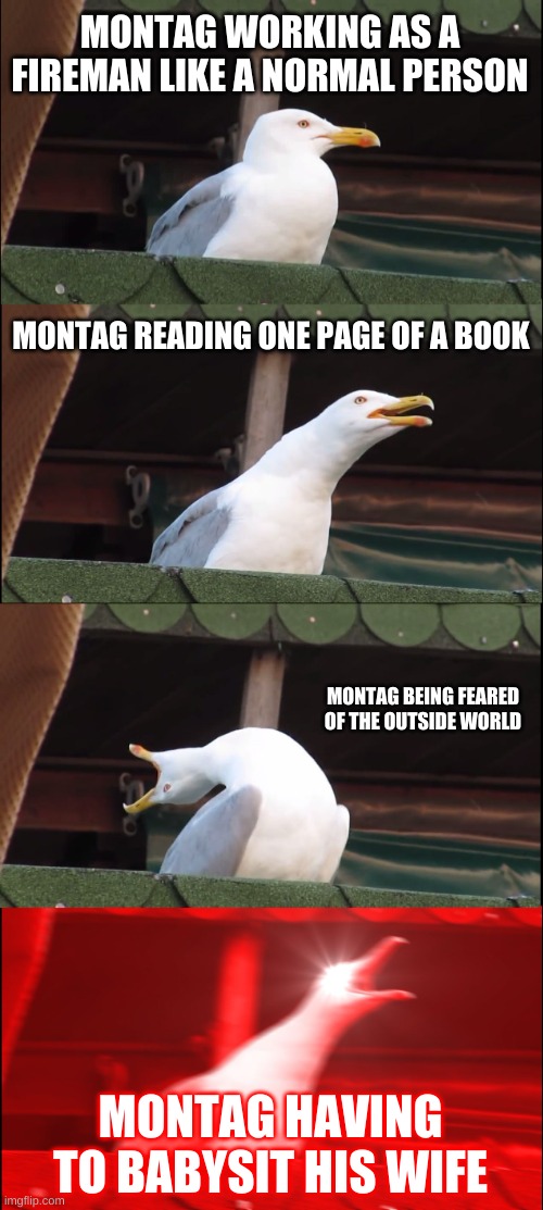 Montag F451 | MONTAG WORKING AS A FIREMAN LIKE A NORMAL PERSON; MONTAG READING ONE PAGE OF A BOOK; MONTAG BEING FEARED OF THE OUTSIDE WORLD; MONTAG HAVING TO BABYSIT HIS WIFE | image tagged in memes,inhaling seagull | made w/ Imgflip meme maker