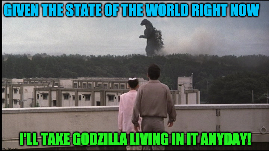 At least he's cool! | GIVEN THE STATE OF THE WORLD RIGHT NOW; I'LL TAKE GODZILLA LIVING IN IT ANYDAY! | image tagged in fun | made w/ Imgflip meme maker