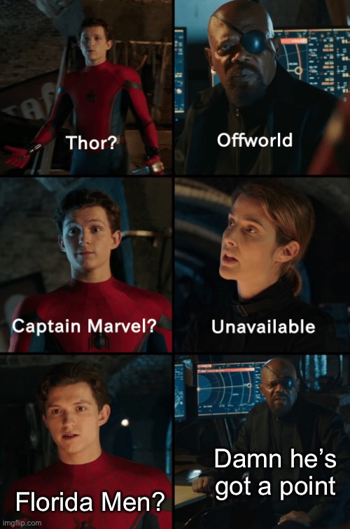 Thor off-world captain marvel unavailable | Damn he’s got a point; Florida Men? | image tagged in thor off-world captain marvel unavailable,florida man | made w/ Imgflip meme maker