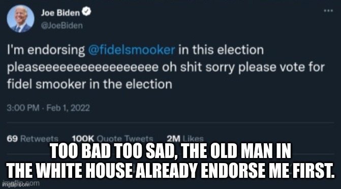 TOO BAD TOO SAD, THE OLD MAN IN THE WHITE HOUSE ALREADY ENDORSE ME FIRST. | made w/ Imgflip meme maker