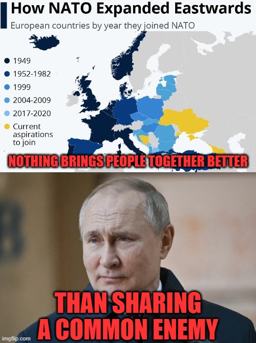 Vladimir Putin Must Never Have Learned What All Americans Learn In Their High School Cafeteria | NOTHING BRINGS PEOPLE TOGETHER BETTER; THAN SHARING A COMMON ENEMY | image tagged in vladimir putin,nato,ukraine,it's all coming together,enemy,epic fail | made w/ Imgflip meme maker