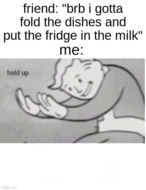 confusion | friend: "brb i gotta fold the dishes and put the fridge in the milk"; me: | image tagged in memes,fallout hold up | made w/ Imgflip meme maker