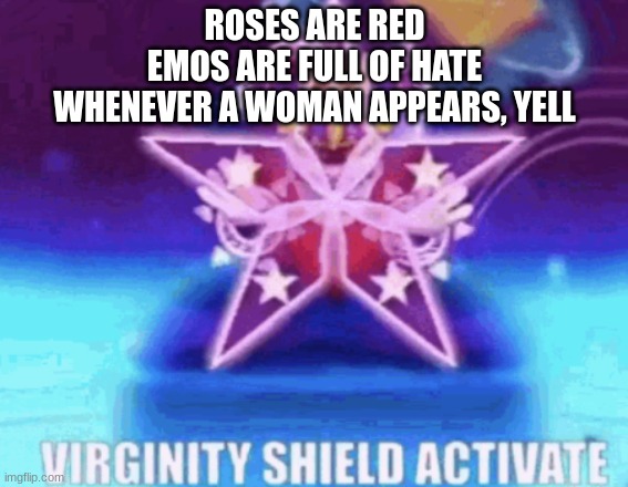 VIRGINITY SHIELD ACTIVATE |  ROSES ARE RED
EMOS ARE FULL OF HATE
WHENEVER A WOMAN APPEARS, YELL | image tagged in virginity shield activate | made w/ Imgflip meme maker