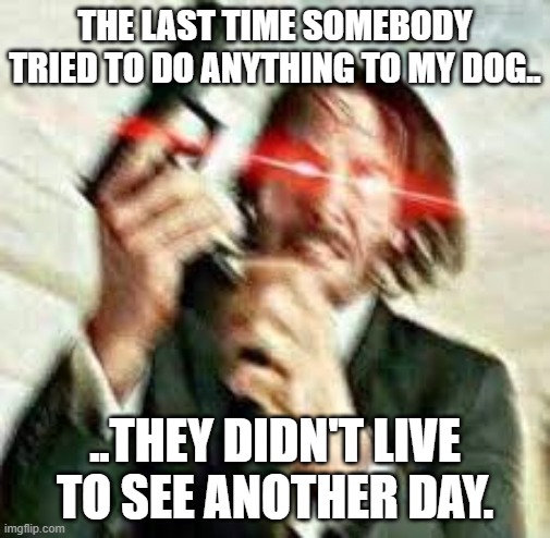 Triggered John Wick | THE LAST TIME SOMEBODY TRIED TO DO ANYTHING TO MY DOG.. ..THEY DIDN'T LIVE TO SEE ANOTHER DAY. | image tagged in triggered john wick | made w/ Imgflip meme maker
