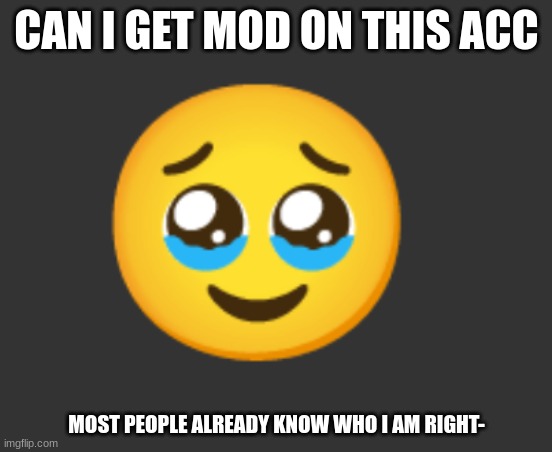 ? | CAN I GET MOD ON THIS ACC; MOST PEOPLE ALREADY KNOW WHO I AM RIGHT- | made w/ Imgflip meme maker
