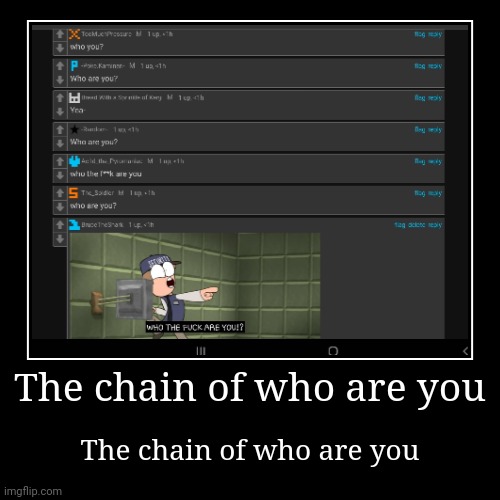 The chain of who are you | image tagged in funny,demotivationals | made w/ Imgflip demotivational maker