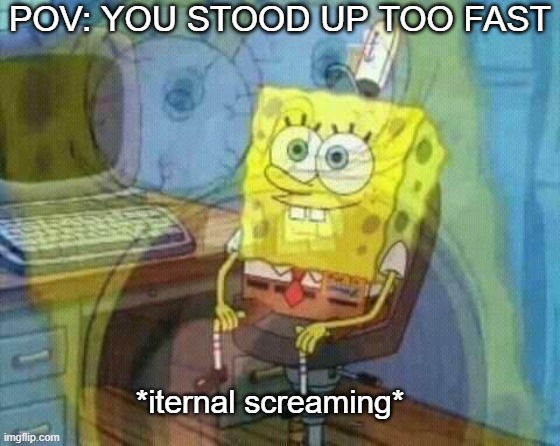 stand | POV: YOU STOOD UP TOO FAST; *iternal screaming* | image tagged in spongebob panicking and smiling,spongebob | made w/ Imgflip meme maker