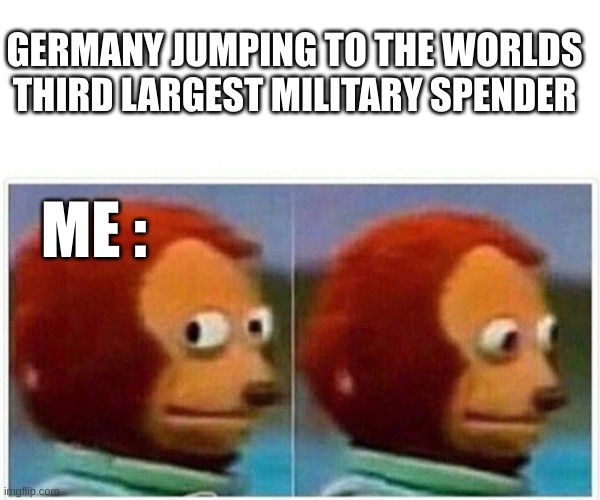 Monkey Puppet | GERMANY JUMPING TO THE WORLDS THIRD LARGEST MILITARY SPENDER; ME : | image tagged in memes,monkey puppet | made w/ Imgflip meme maker