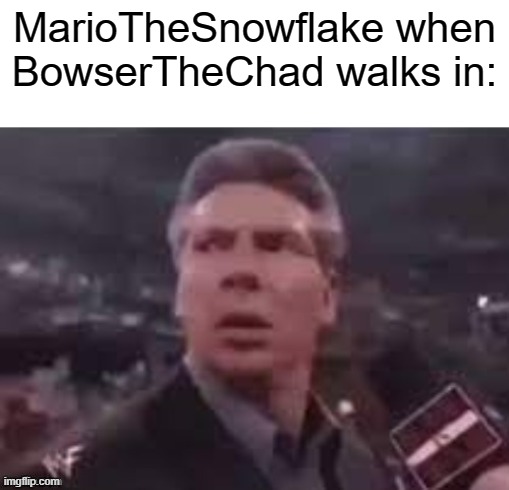 x when x walks in | MarioTheSnowflake when BowserTheChad walks in: | image tagged in x when x walks in | made w/ Imgflip meme maker