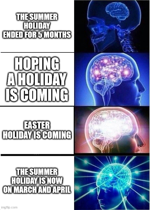 Summer holiday hk | THE SUMMER HOLIDAY ENDED FOR 5 MONTHS; HOPING A HOLIDAY IS COMING; EASTER HOLIDAY IS COMING; THE SUMMER HOLIDAY IS NOW ON MARCH AND APRIL | image tagged in memes,expanding brain | made w/ Imgflip meme maker