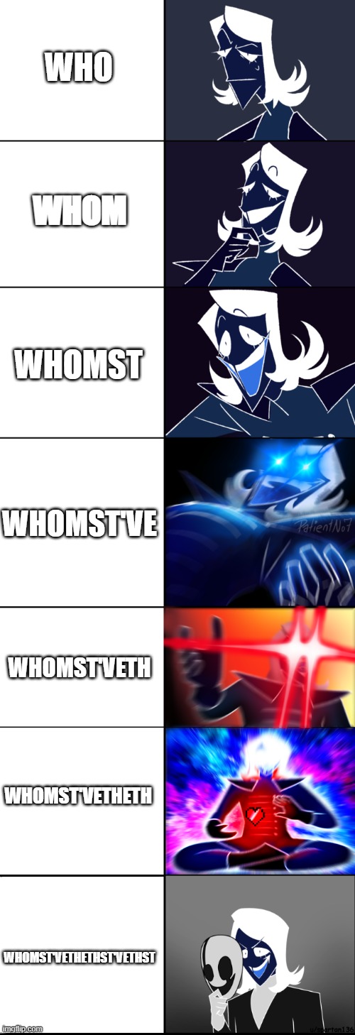 How Roulxs says "who" | WHO; WHOM; WHOMST; WHOMST'VE; WHOMST'VETH; WHOMST'VETHETH; WHOMST'VETHETHST'VETHST | image tagged in rouxls kaard large edition,deltarune,roulxs kaard,whomst've | made w/ Imgflip meme maker