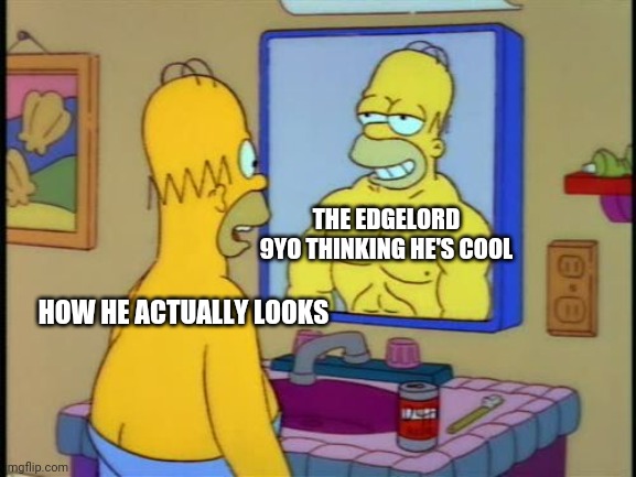 Homer and the mirror | THE EDGELORD 9YO THINKING HE'S COOL; HOW HE ACTUALLY LOOKS | image tagged in homer and the mirror | made w/ Imgflip meme maker
