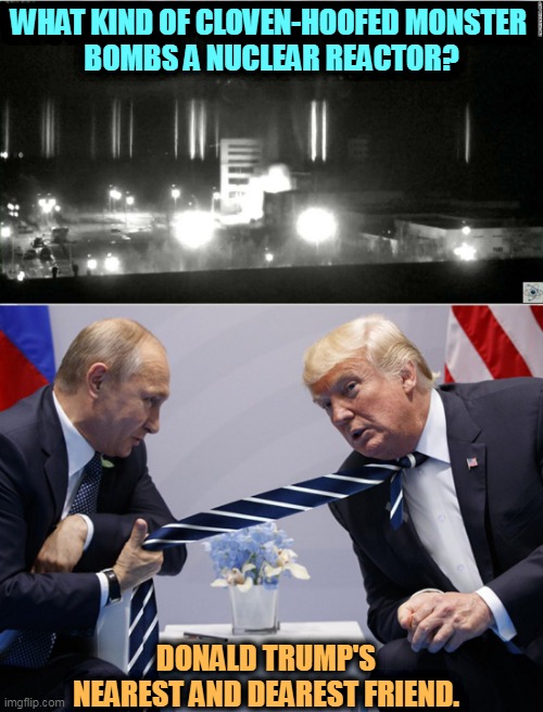 WHAT KIND OF CLOVEN-HOOFED MONSTER 
BOMBS A NUCLEAR REACTOR? DONALD TRUMP'S NEAREST AND DEAREST FRIEND. | image tagged in putin,monster,bombs,nuclear,plant | made w/ Imgflip meme maker
