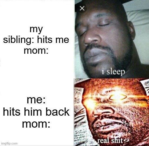 Sleeping Shaq Meme | my sibling: hits me
mom:; me: hits him back
mom: | image tagged in memes,sleeping shaq | made w/ Imgflip meme maker