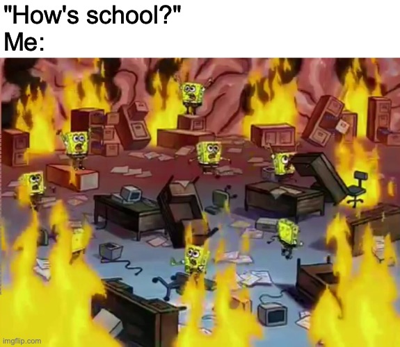 Spongebob brain fire | "How's school?"
Me: | image tagged in funny | made w/ Imgflip meme maker