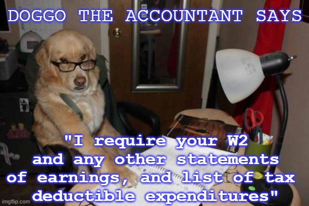 Accountant Dog | DOGGO THE ACCOUNTANT SAYS "I require your W2
and any other statements
of earnings, and list of tax 
deductible expenditures" | image tagged in accountant dog | made w/ Imgflip meme maker