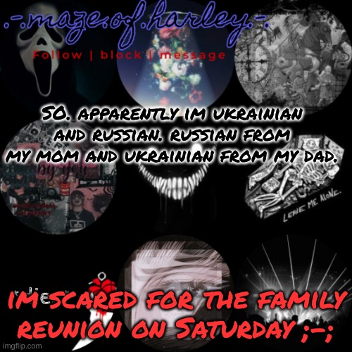 SO. apparently im ukrainian and russian. russian from my mom and ukrainian from my dad. im scared for the family reunion on Saturday ;-; | made w/ Imgflip meme maker