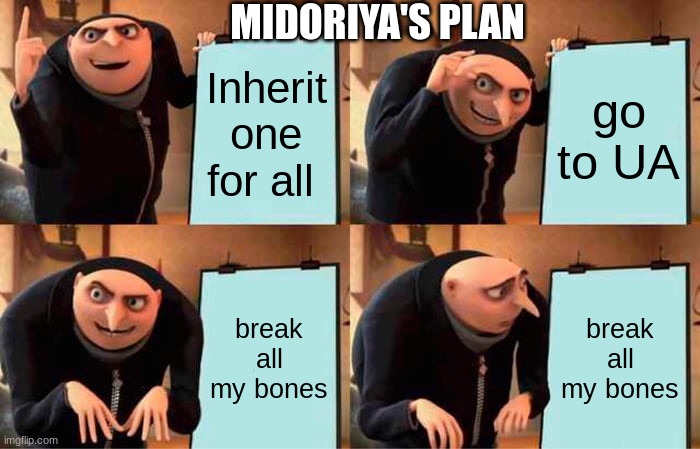 Gru's Plan Meme | MIDORIYA'S PLAN; Inherit one for all; go to UA; break all my bones; break all my bones | image tagged in memes,gru's plan | made w/ Imgflip meme maker