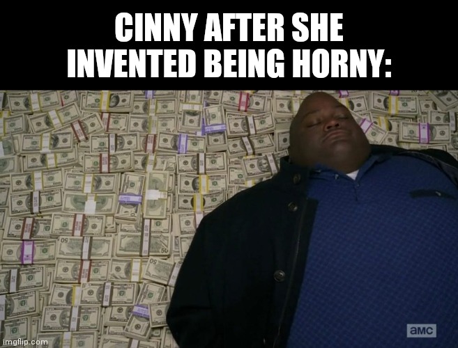 Man sleeping on money | CINNY AFTER SHE INVENTED BEING HORNY: | image tagged in man sleeping on money | made w/ Imgflip meme maker