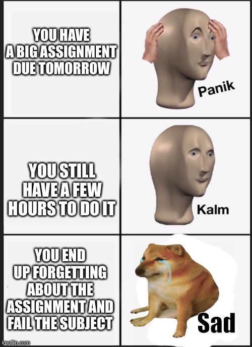 panik kalm sad | YOU HAVE A BIG ASSIGNMENT DUE TOMORROW YOU STILL HAVE A FEW HOURS TO DO IT YOU END UP FORGETTING ABOUT THE ASSIGNMENT AND FAIL THE SUBJECT | image tagged in panik kalm sad | made w/ Imgflip meme maker