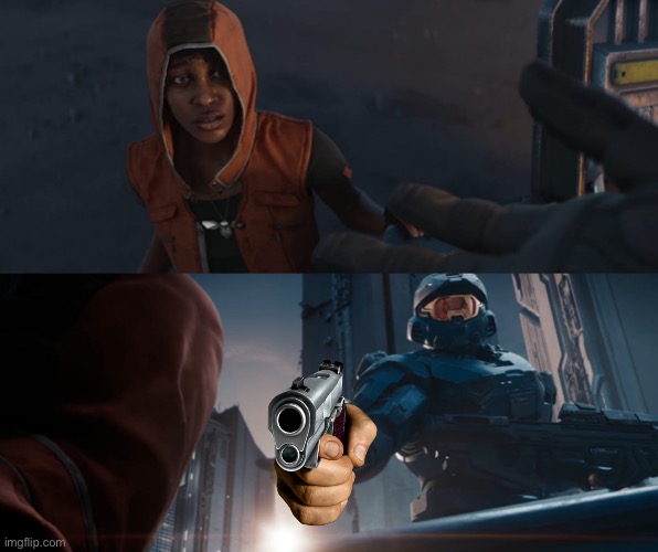 Spartan with gun | image tagged in halo spartan helping hand get up | made w/ Imgflip meme maker
