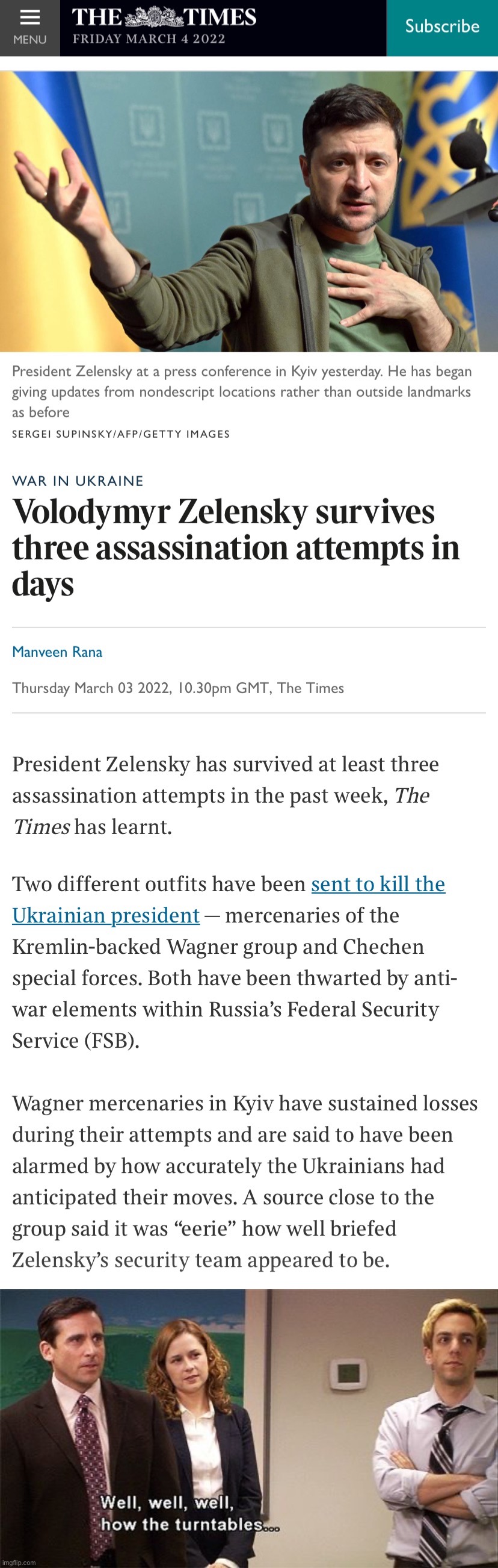 Take all of this with a grain of salt, but big if true | image tagged in zelensky survives assassination attempts,how the turntables,ukraine,russia,ukrainian,assassination | made w/ Imgflip meme maker