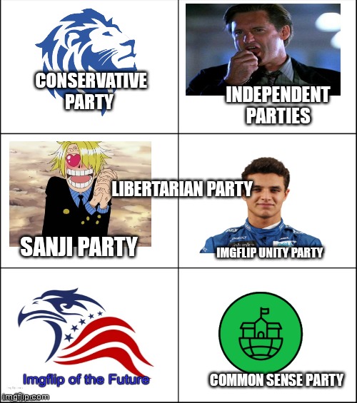 What other parties are there? | CONSERVATIVE PARTY; INDEPENDENT PARTIES; LIBERTARIAN PARTY; SANJI PARTY; IMGFLIP UNITY PARTY; COMMON SENSE PARTY | image tagged in 6 panel,political,parties,imgflip,president | made w/ Imgflip meme maker