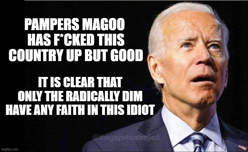 There. I said it. Sue me. |  PAMPERS MAGOO 
HAS F*CKED THIS COUNTRY UP BUT GOOD; IT IS CLEAR THAT ONLY THE RADICALLY DIM HAVE ANY FAITH IN THIS IDIOT | image tagged in joe biden,democrats,liberals,woke,radical,dimwits | made w/ Imgflip meme maker