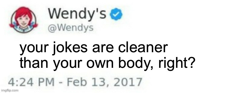 Wendy's Twitter | your jokes are cleaner than your own body, right? | image tagged in wendy's twitter | made w/ Imgflip meme maker
