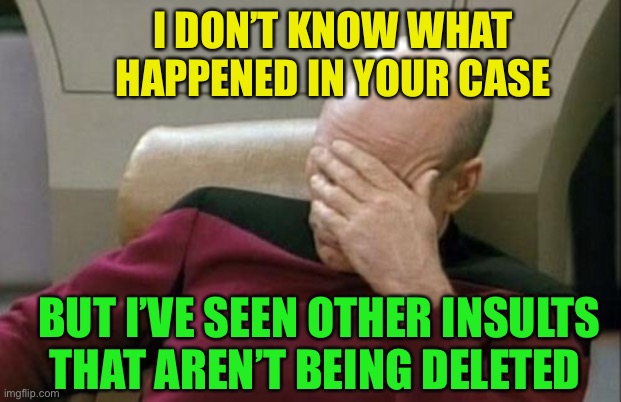 Captain Picard Facepalm Meme | I DON’T KNOW WHAT HAPPENED IN YOUR CASE BUT I’VE SEEN OTHER INSULTS THAT AREN’T BEING DELETED | image tagged in memes,captain picard facepalm | made w/ Imgflip meme maker