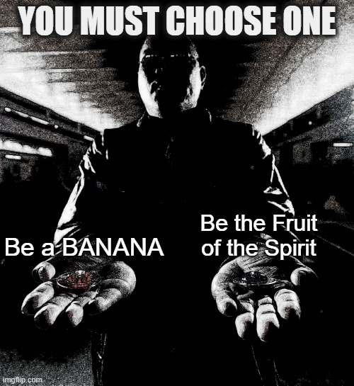 You must choose one | YOU MUST CHOOSE ONE; Be a BANANA; Be the Fruit of the Spirit | image tagged in you must choose one | made w/ Imgflip meme maker