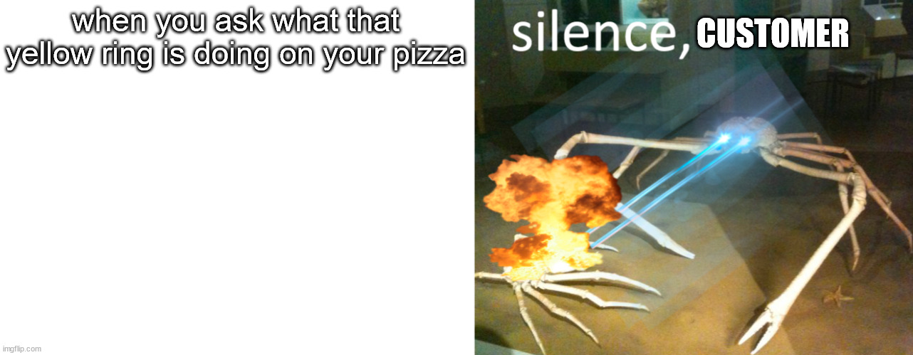 My First Right Meme | CUSTOMER; when you ask what that yellow ring is doing on your pizza | image tagged in blank white template,silence crab | made w/ Imgflip meme maker