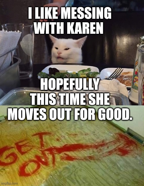 I LIKE MESSING WITH KAREN; HOPEFULLY THIS TIME SHE MOVES OUT FOR GOOD. | image tagged in smudge the cat | made w/ Imgflip meme maker