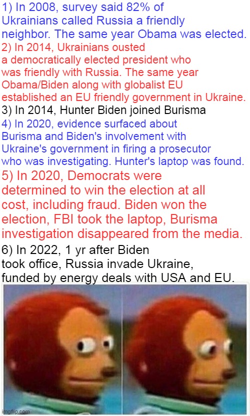 Facts. Just facts. Draw your own conclusion. | 1) In 2008, survey said 82% of Ukrainians called Russia a friendly neighbor. The same year Obama was elected. 2) In 2014, Ukrainians ousted a democratically elected president who was friendly with Russia. The same year Obama/Biden along with globalist EU established an EU friendly government in Ukraine. 4) In 2020, evidence surfaced about Burisma and Biden's involvement with Ukraine's government in firing a prosecutor who was investigating. Hunter's laptop was found. 3) In 2014, Hunter Biden joined Burisma; 5) In 2020, Democrats were determined to win the election at all cost, including fraud. Biden won the election, FBI took the laptop, Burisma investigation disappeared from the media. 6) In 2022, 1 yr after Biden took office, Russia invade Ukraine, funded by energy deals with USA and EU. | image tagged in memes,monkey puppet,biden,ukraine,russia,what a joke | made w/ Imgflip meme maker