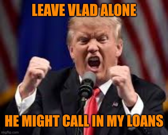 Russian tool | LEAVE VLAD ALONE; HE MIGHT CALL IN MY LOANS | image tagged in trump angry punch | made w/ Imgflip meme maker