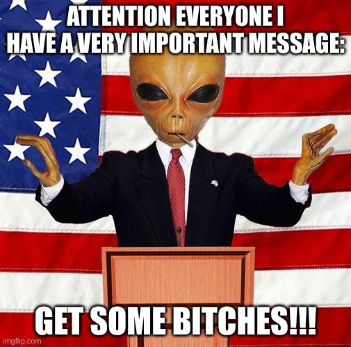 Get some bitches | ATTENTION EVERYONE I HAVE A VERY IMPORTANT MESSAGE:; GET SOME BITCHES!!! | image tagged in funny | made w/ Imgflip meme maker