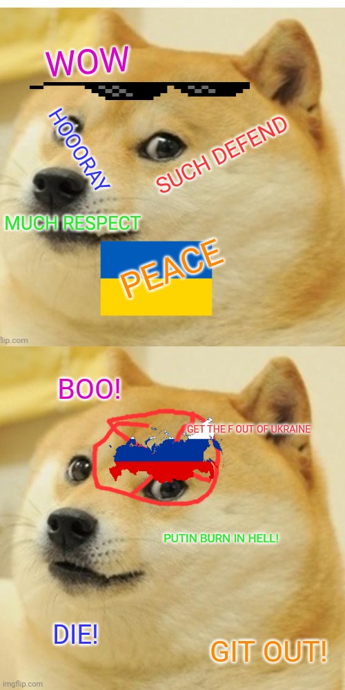 Doge Meme | WOW; SUCH DEFEND; HOOORAY; MUCH RESPECT; PEACE; BOO! GET THE F OUT OF UKRAINE; PUTIN BURN IN HELL! DIE! GIT OUT! | image tagged in memes,doge | made w/ Imgflip meme maker