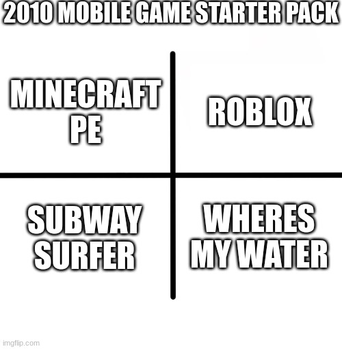 2010 mobile game starter pack | 2010 MOBILE GAME STARTER PACK; ROBLOX; MINECRAFT
PE; SUBWAY SURFER; WHERES MY WATER | image tagged in memes,blank starter pack | made w/ Imgflip meme maker