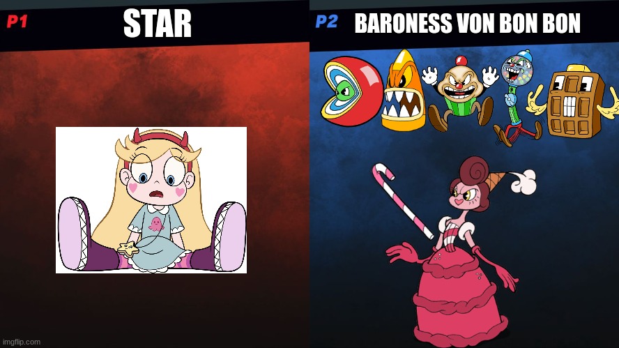 Star Vs. Baroness Von Bon Bon | STAR; BARONESS VON BON BON | image tagged in smash bros 1v1 screen template | made w/ Imgflip meme maker