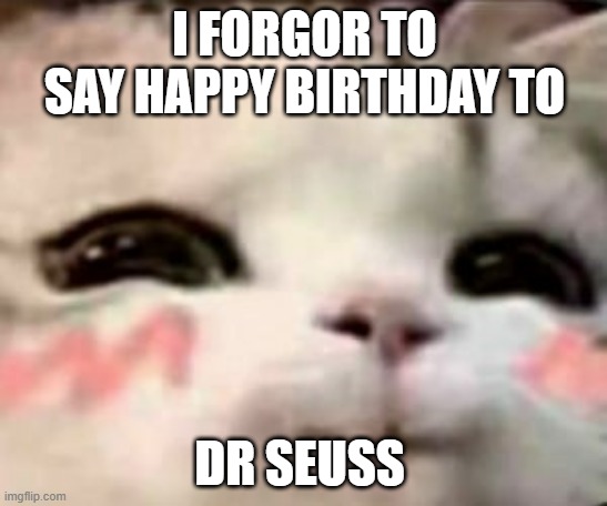 cute cat | I FORGOR TO SAY HAPPY BIRTHDAY TO; DR SEUSS | image tagged in cute cat | made w/ Imgflip meme maker
