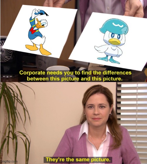 first  Sora for Smash and now we have Donald Duck on the new pokemon game | image tagged in corporate wants you to find the difference,pokemon,pokemon memes,donald duck,nintendo,disney | made w/ Imgflip meme maker