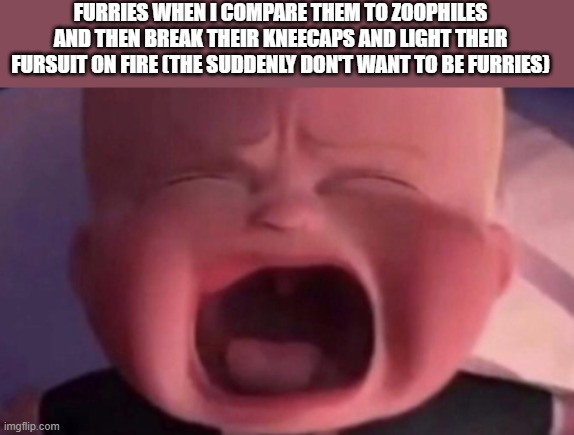 boss baby crying | FURRIES WHEN I COMPARE THEM TO ZOOPHILES AND THEN BREAK THEIR KNEECAPS AND LIGHT THEIR FURSUIT ON FIRE (THE SUDDENLY DON'T WANT TO BE FURRIES) | image tagged in boss baby crying | made w/ Imgflip meme maker