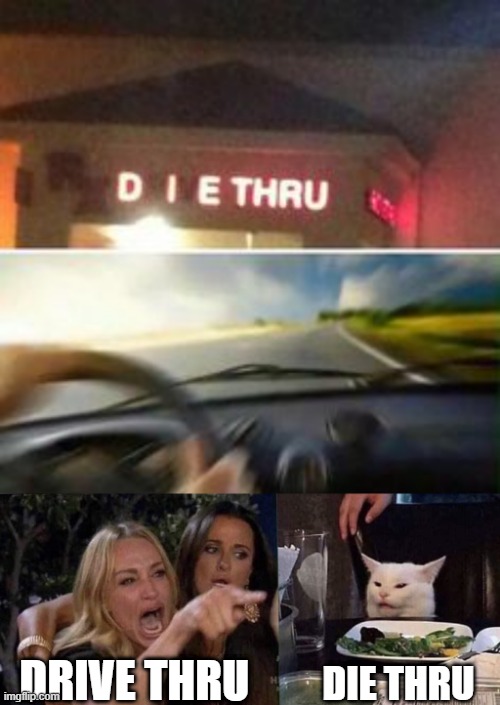 DRIVE THRU; DIE THRU | image tagged in woman yelling at cat | made w/ Imgflip meme maker