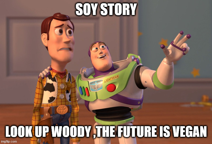 X, X Everywhere | SOY STORY; LOOK UP WOODY ,THE FUTURE IS VEGAN | image tagged in memes,x x everywhere | made w/ Imgflip meme maker