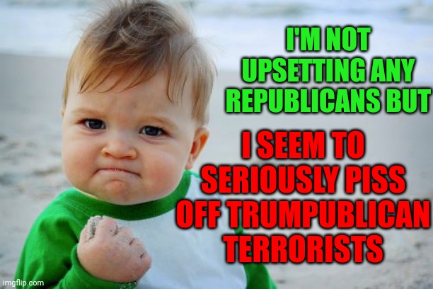 She Says With A Smile, That Is Clearly More Smirk Than Smile | I'M NOT UPSETTING ANY REPUBLICANS BUT; I SEEM TO SERIOUSLY PISS OFF TRUMPUBLICAN TERRORISTS | image tagged in memes,success kid original,lovin' it,now this looks like a job for me,lol,smirk | made w/ Imgflip meme maker