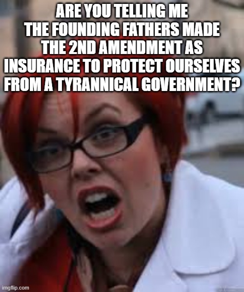 SJW Triggered | ARE YOU TELLING ME THE FOUNDING FATHERS MADE THE 2ND AMENDMENT AS INSURANCE TO PROTECT OURSELVES FROM A TYRANNICAL GOVERNMENT? | image tagged in sjw triggered | made w/ Imgflip meme maker