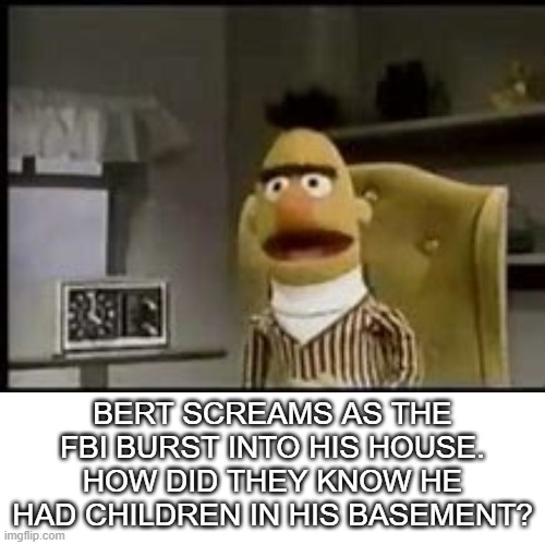 e | BERT SCREAMS AS THE FBI BURST INTO HIS HOUSE. HOW DID THEY KNOW HE HAD CHILDREN IN HIS BASEMENT? | image tagged in fbi,meme,bert and ernie,hmm,basement,kids | made w/ Imgflip meme maker