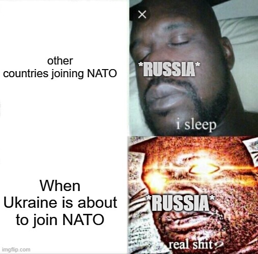 Sleeping Shaq | other countries joining NATO; *RUSSIA*; When Ukraine is about to join NATO; *RUSSIA* | image tagged in memes,sleeping shaq,world war 3,ukraine,russia | made w/ Imgflip meme maker