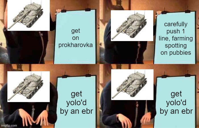 wot players feel my pain | get on prokharovka; carefully push 1 line, farming spotting on pubbies; get yolo'd by an ebr; get yolo'd by an ebr | image tagged in memes,gru's plan | made w/ Imgflip meme maker