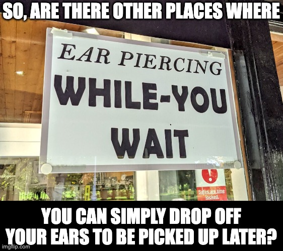 while you wait | SO, ARE THERE OTHER PLACES WHERE; YOU CAN SIMPLY DROP OFF YOUR EARS TO BE PICKED UP LATER? | image tagged in dad joke | made w/ Imgflip meme maker